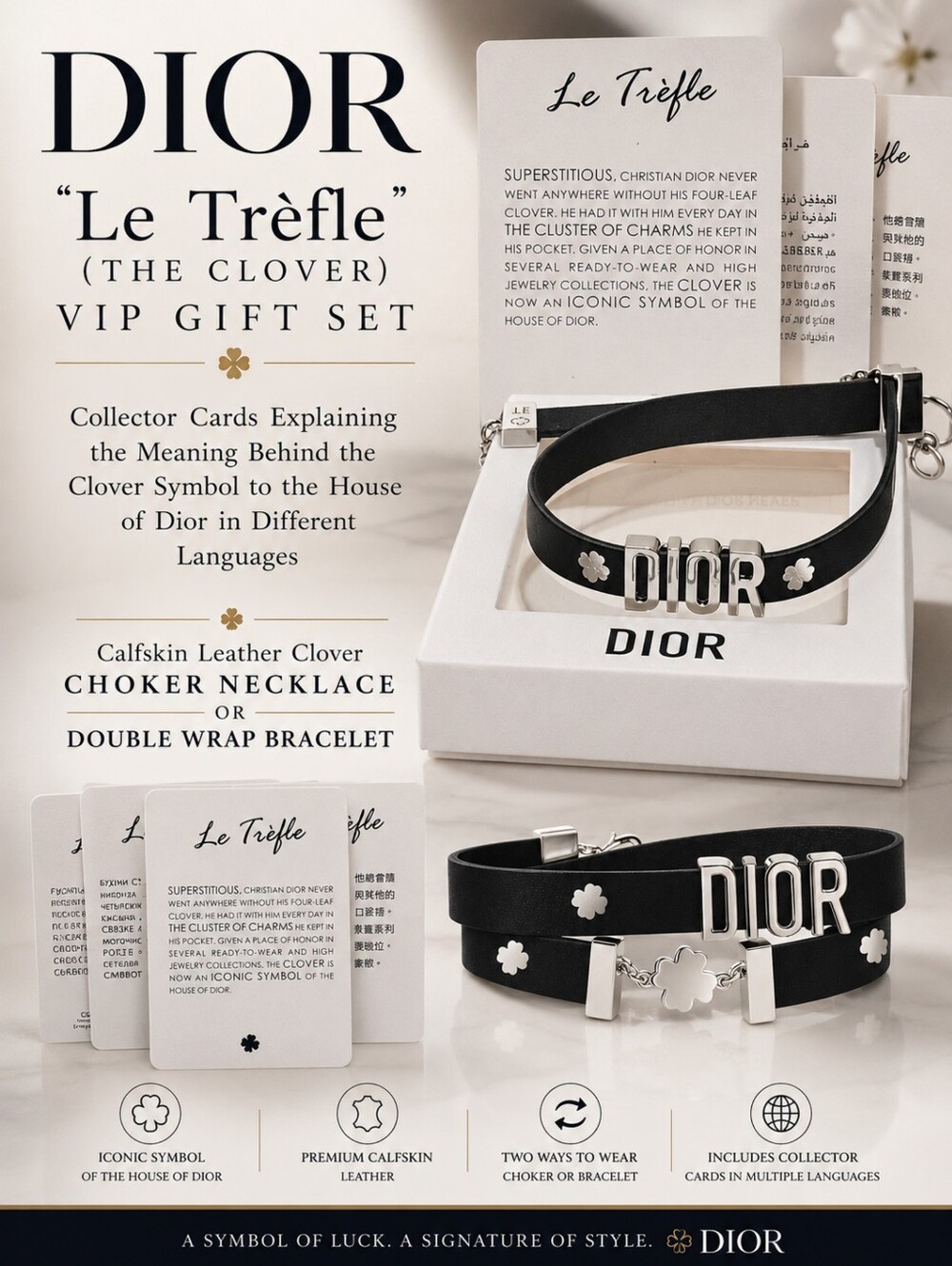 DIOR Clover Lucky Charm Choker Necklace-Double Wrap Bracelet & Collector Cards